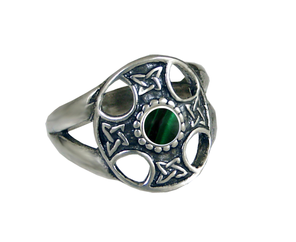 Sterling Silver Celtic Solar Cross Ring With Malachite Size 10